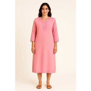 Pink Embroidered Cotton Tunic Dress Boho Kurti Midi Sequins 3/4 Sleeve Large